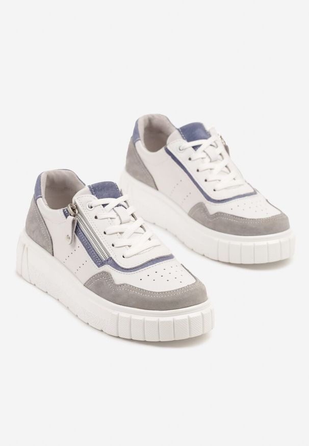 Renee - Biało-Szare Sneakersy ze Skóry Naturalnej z Ozdobnym Suwakiem Tilliraya. Okazja: na co dzień. Kolor: biały. Materiał: skóra. Wzór: aplikacja