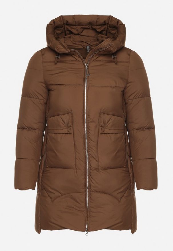 Born2be - Brązowa Długa Pikowana Kurtka z Nieodpinanym Kapturem Mevessia. Okazja: na co dzień. Kolor: brązowy. Materiał: jeans. Długość: długie. Styl: klasyczny, casual, elegancki