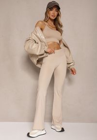 Renee - Beżowe Legginsy Dzwony High Waist Orruvana. Okazja: na co dzień. Stan: podwyższony. Kolor: beżowy. Styl: sportowy, casual