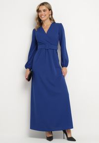 Born2be - Niebieska Rozkloszowana Sukienka Ozdobiona Paskiem w Talii Felirith. Okazja: na co dzień, na imprezę. Typ kołnierza: dekolt w kształcie V. Kolor: niebieski. Wzór: aplikacja. Typ sukienki: rozkloszowane. Styl: casual, elegancki #5