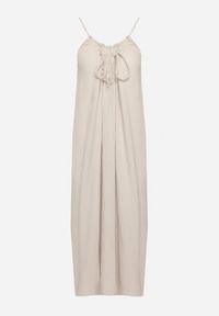 Born2be - Beżowa Muślinowa Bawełniana Sukienka na Cienkich Regulowanych Ramiączkach z Wiązaniem Natalbea. Okazja: na co dzień. Kolor: beżowy. Materiał: bawełna. Długość rękawa: na ramiączkach. Sezon: lato. Typ sukienki: proste. Styl: wizytowy, casual, boho #5