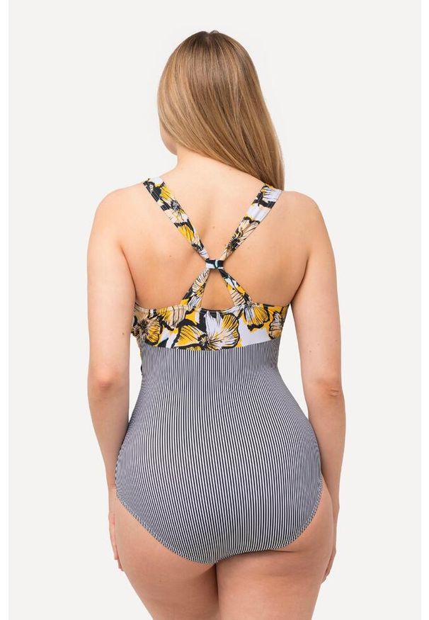 ULLA POPKEN - Damski Strój kąpielowy przesuwany węzeł imitacja dekoltu typu halter. Kolekcja: plus size. Kolor: biały. Materiał: poliamid, poliester, materiał, elastan