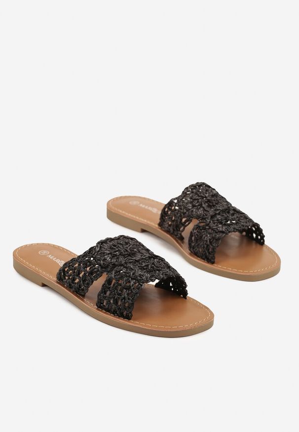Renee - Czarne Klapki z Plecioną Cholewką Liswia. Okazja: na co dzień, na spacer. Kolor: czarny. Obcas: na obcasie. Styl: boho, casual. Wysokość obcasa: niski