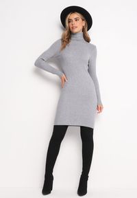 Born2be - Szara Dopasowana Sukienka Mini z Prążkowanej Dzianiny i Golfem Helmine. Typ kołnierza: golf. Kolor: szary. Materiał: dzianina, prążkowany. Długość rękawa: długi rękaw. Długość: mini