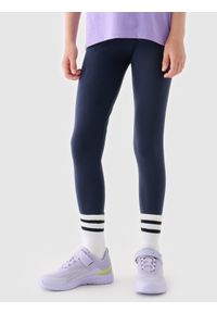 4f - 4F Legginsy dzianinowe dziewczęce - granatowe 152 (11-12 lat). Okazja: na co dzień. Stan: podwyższony. Kolor: niebieski. Materiał: dzianina. Wzór: jednolity, gładki, ze splotem. Sezon: lato. Styl: casual, sportowy #1