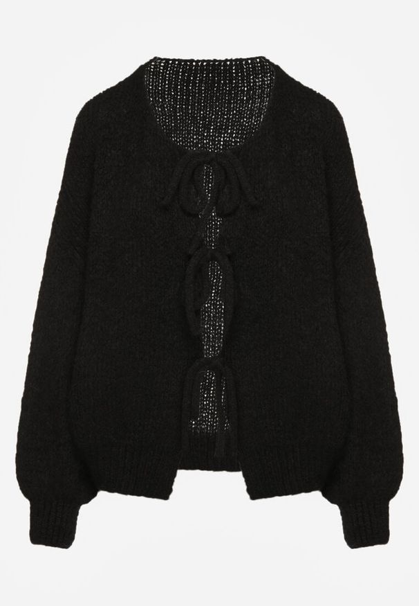 Renee - Czarny Kardigan z Wełną o Kroju Oversize z Wiązanymi Kokardami Elearina. Okazja: na co dzień. Typ kołnierza: kokarda. Kolor: czarny. Materiał: wełna. Styl: street, elegancki, casual