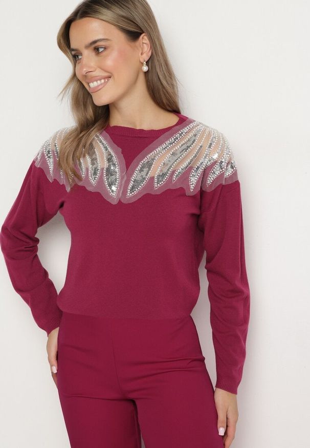 Born2be - Fioletowy Sweter z Wiskozą Cekinami i Koralikami Nevalanna. Okazja: na spotkanie biznesowe. Kolor: fioletowy. Materiał: wiskoza. Styl: wizytowy, biznesowy, klasyczny