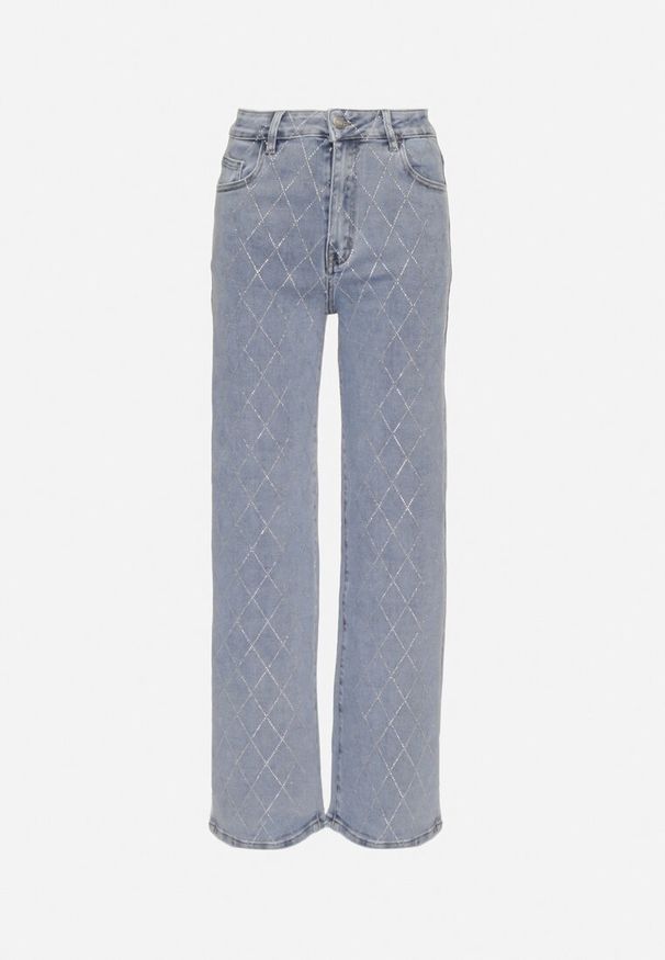 Born2be - Niebieskie Jeansy z Bawełną Szerokie z Cyrkoniami Iskio. Okazja: na co dzień. Kolor: niebieski. Wzór: aplikacja. Styl: elegancki, casual