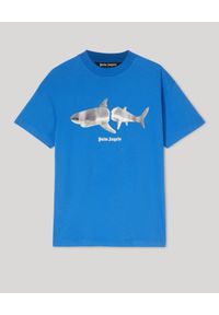PALM ANGELS - Niebieski t-shirt z nadrukiem Shark. Kolor: niebieski. Materiał: bawełna. Wzór: nadruk. Styl: klasyczny #4