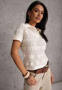 Renee - Beżowa Wiskozowa Bluzka z Szydełkowym Wzorem Kołnierzykiem i Guzikami Lasthythia. Okazja: na co dzień. Kolor: beżowy. Materiał: wiskoza. Styl: casual #6