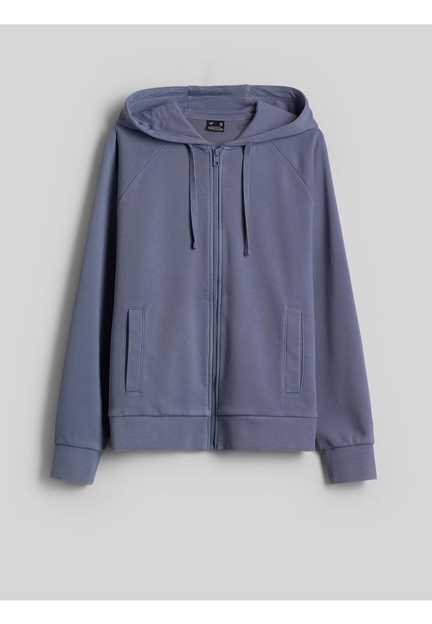 4f - 4F Bluza dresowa relaxed z kapturem damska - denim L. Okazja: na co dzień. Typ kołnierza: kaptur. Kolor: niebieski. Materiał: denim, dresówka. Styl: casual