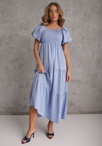 Renee - Jasnoniebieska Sukienka z Wiskozy o Rozkloszowanym Kroju z Bufiastymi Rękawkami Rosena. Kolor: niebieski. Materiał: wiskoza. Długość rękawa: krótki rękaw. Sezon: lato. Typ sukienki: rozkloszowane. Długość: maxi #6