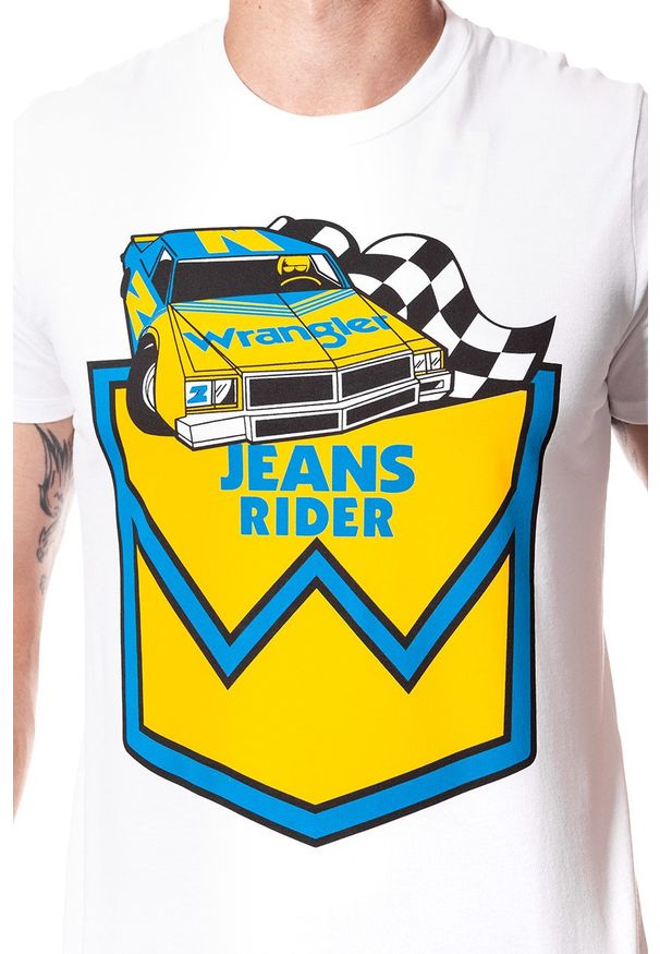 Wrangler - WRANGLER T SHIRT B&Y CREW TEE WHITE W7C41FK12 112131688. Materiał: bawełna. Wzór: nadruk. Sezon: lato
