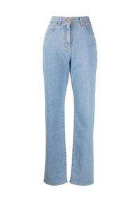 VERSACE - Jasnoniebieskie jeansy z wysokim stanem. Stan: podwyższony. Kolor: niebieski. Wzór: aplikacja