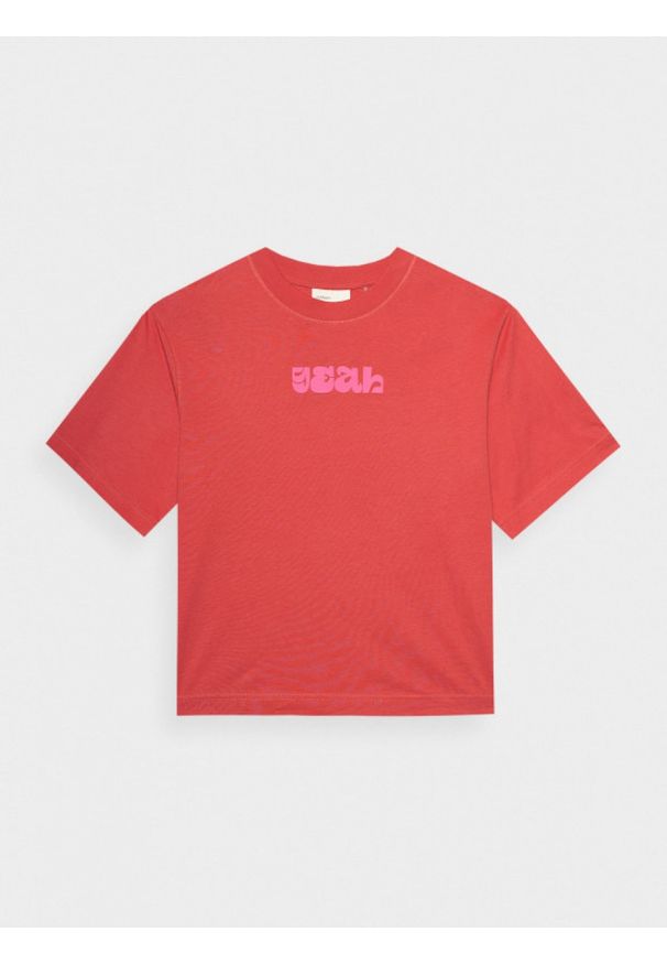 outhorn - T-shirt z nadrukiem damski - czerwony. Okazja: na co dzień. Kolor: czerwony. Materiał: dzianina, bawełna. Wzór: nadruk. Styl: casual