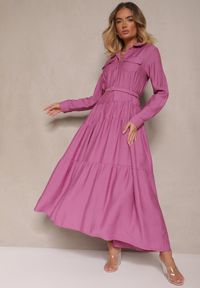 Renee - Fioletowa Rozkloszowana Sukienka z Wiskozy z Guzikami i Paskiem Ronesa. Okazja: na co dzień. Kolor: fioletowy. Materiał: wiskoza. Typ sukienki: proste. Styl: elegancki, casual