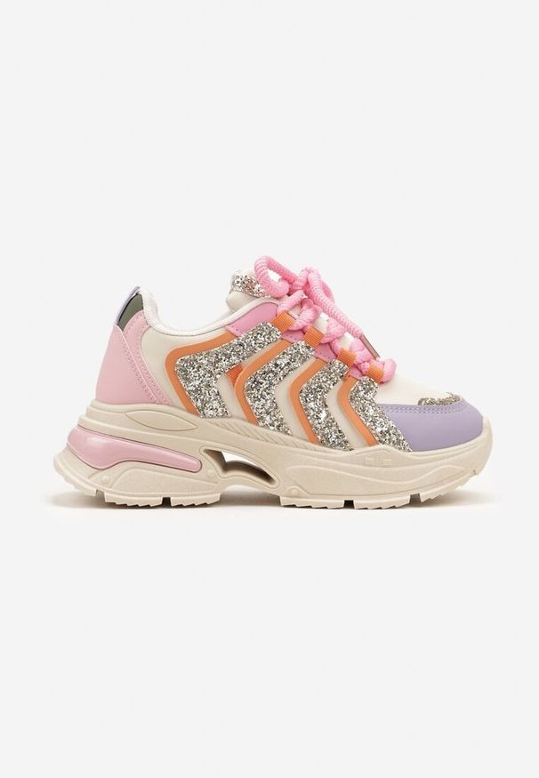 Born2be - Beżowo-Fioletowe Brokatowe Sneakersy na Grubej Podeszwie Wlanna. Okazja: na co dzień, na spacer. Kolor: beżowy. Materiał: jeans. Sport: turystyka piesza
