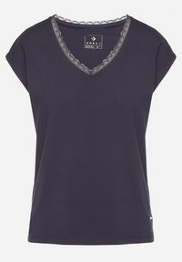 Born2be - Granatowy Bawełniany T-shirt z Koronką przy Dekolcie Ralettia. Okazja: na co dzień. Kolor: niebieski. Materiał: bawełna, koronka. Wzór: koronka. Styl: casual