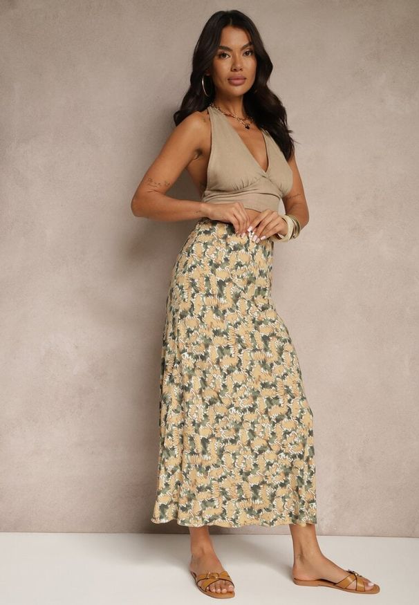 Renee - Zielono-Beżowa Rozkloszowana Spódnica z Wiskozy High Waist Fevanice. Okazja: na co dzień. Stan: podwyższony. Kolor: zielony. Materiał: wiskoza. Styl: elegancki, casual