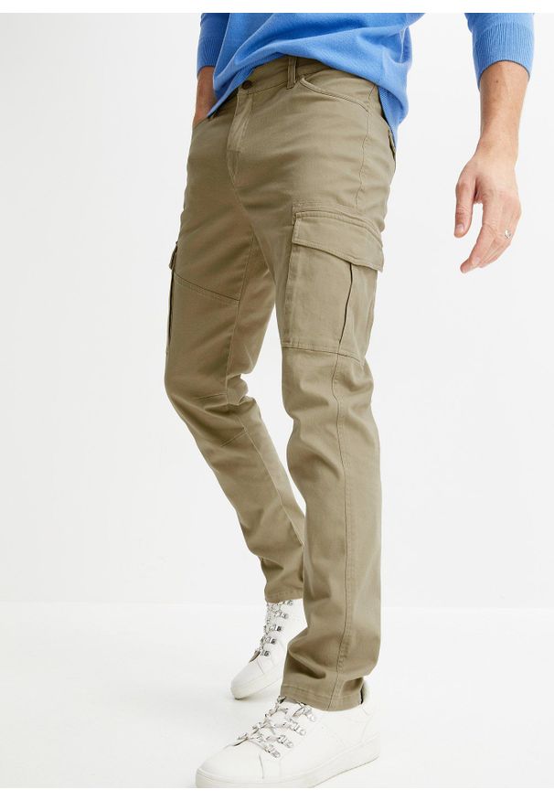 bonprix - Spodnie bojówki Slim Fit Straight ze stretchem. Kolor: zielony