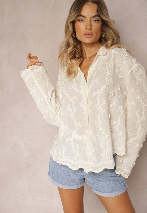 Renee - Beżowa Koszula z Dodatkiem Bawełny o Trapezowym Kroju Ozdobiona Haftem Elidra. Kolor: beżowy. Materiał: bawełna. Wzór: aplikacja, haft. Styl: klasyczny, elegancki