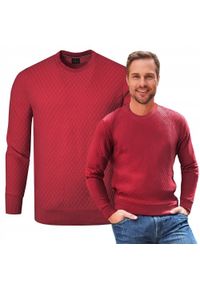 Bawełniany Sweter Męski, Okrągły Dekolt - Pako Jeans - Czerwień, Tkanina z Fakturą. Kolor: czerwony. Materiał: bawełna. Styl: klasyczny, elegancki