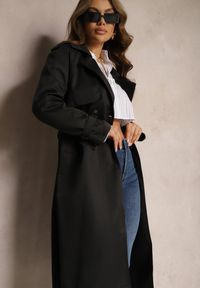 Renee - Czarny Długi Płaszcz Trencz Dwurzędowy z Paskiem w Komplecie Sabila. Kolor: czarny. Materiał: jeans. Długość rękawa: długi rękaw. Długość: długie. Styl: klasyczny, elegancki, wizytowy #3