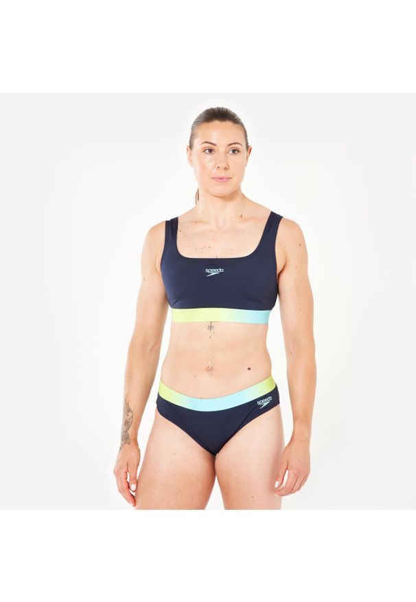 Dół stroju pływackiego damski Speedo. Kolor: niebieski, żółty, wielokolorowy. Materiał: poliester