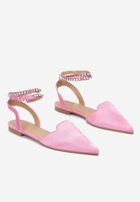 Renee - Różowe Sandały Semeusa. Nosek buta: szpiczasty. Zapięcie: sprzączka. Kolor: różowy. Materiał: satyna. Wzór: aplikacja #2