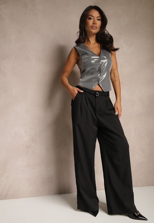 Renee - Czarne Spodnie High Waist Garniturowe z Szerokim Nogawkami Silzemia. Okazja: na co dzień, na spotkanie biznesowe, do pracy. Stan: podwyższony. Kolor: czarny. Styl: biznesowy, klasyczny, elegancki, casual