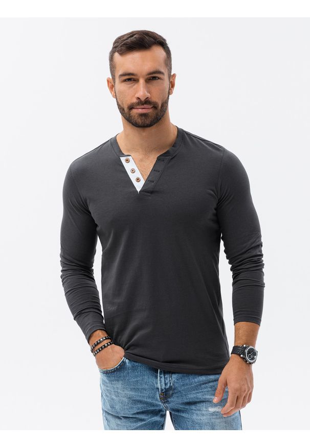 Ombre Clothing - Longsleeve męski z guzikami - grafitowy V9. Kolor: szary. Materiał: poliester, bawełna. Długość rękawa: długi rękaw
