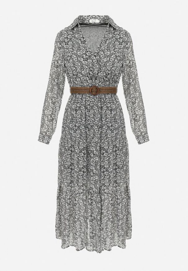 Born2be - Biało-Czarna Sukienka Rozkloszowana w Kwiaty z Paskiem Khito. Okazja: na co dzień. Typ kołnierza: dekolt w serek. Kolor: czarny. Długość rękawa: długi rękaw. Wzór: kwiaty. Styl: klasyczny, casual, elegancki