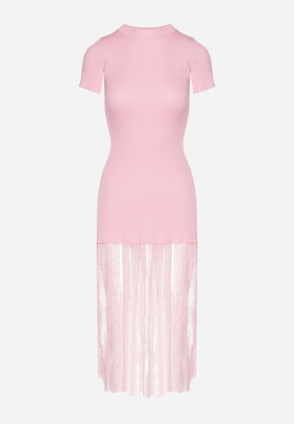 Born2be - Różowa Prążkowana Sukienka z Koronkowym Dołem Vilzedi. Kolor: różowy. Materiał: prążkowany, koronka. Typ sukienki: proste. Styl: glamour, elegancki