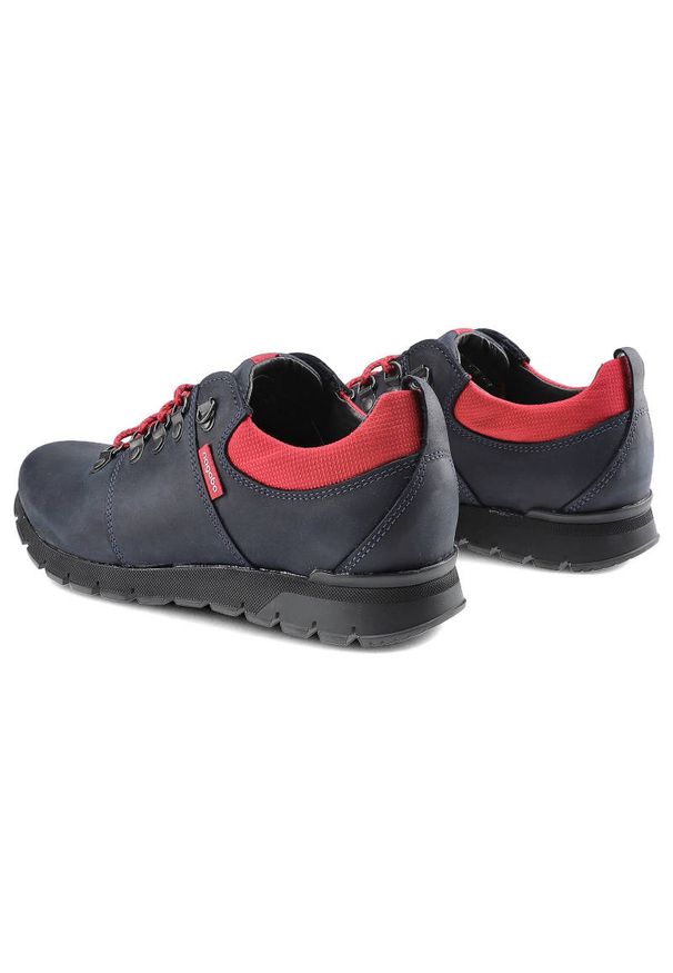 Półbuty damskie Nagaba, z nubuku z czerwonymi wstawkami i sznurowadłami metalowymi hakami oraz czarną masywną podeszwą, granatowe, 70. Okazja: na co dzień. Kolor: niebieski. Materiał: nubuk. Styl: elegancki, sportowy, casual