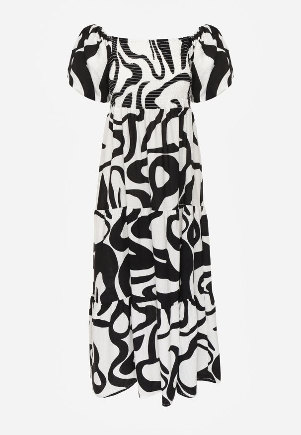 Born2be - Czarna Wiskozowa Sukienka z Bufiastymi Rękawami w Abstrakcyjny Wzór Tibee. Okazja: na co dzień. Kolor: czarny. Materiał: wiskoza. Wzór: nadruk. Typ sukienki: proste. Styl: wakacyjny, casual, elegancki