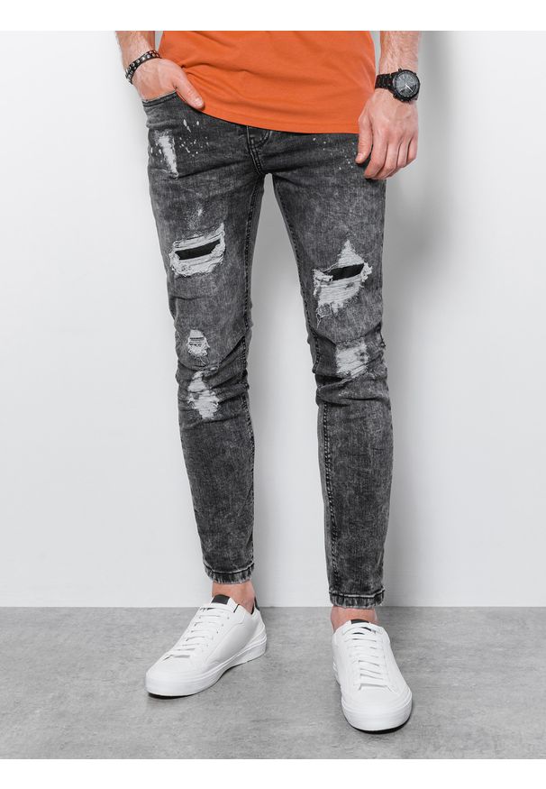 Ombre Clothing - Spodnie męskie jeansowe z dziurami SLIM FIT - szare V2 - Rozmiar: L. Kolor: szary. Materiał: jeans