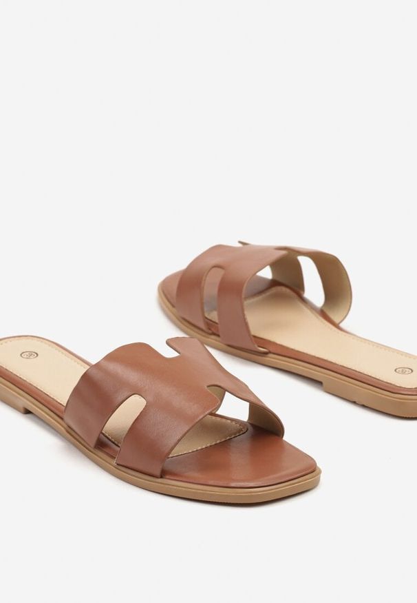 Renee - Brązowe Klapki Ozdobione Wycięciami Alinntia. Okazja: na co dzień. Kolor: brązowy. Wzór: aplikacja. Obcas: na obcasie. Styl: elegancki, casual. Wysokość obcasa: niski