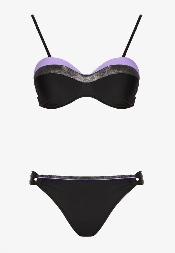 Born2be - Fioletowo-Czarne Bikini Figi i Usztywniany Biustonosz Ozdobiony Metaliczną Nicią Artellia. Kolor: fioletowy. Wzór: aplikacja