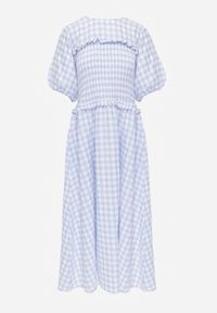 Renee - Jasnoniebieska Sukienka w Stylu Boho z Bawełną w Kratę i Marszczoną Górą Diomereia. Okazja: na co dzień. Kolor: niebieski. Materiał: bawełna. Sezon: lato. Styl: boho #7
