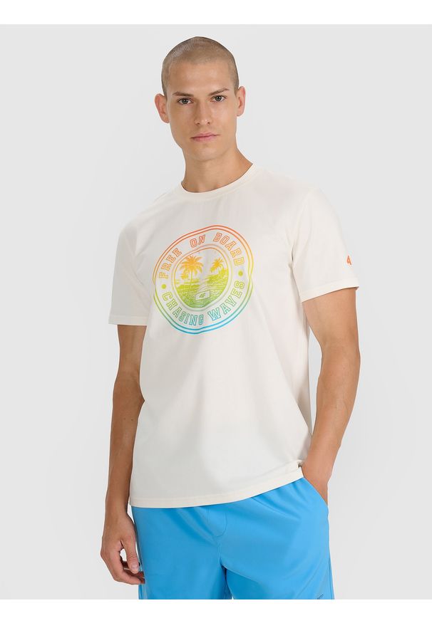 4f - 4F T-shirt regular z nadrukiem męski - beżowy XXL. Okazja: na co dzień. Kolor: beżowy. Materiał: jersey, materiał, bawełna. Wzór: nadruk. Styl: sportowy, klasyczny, casual