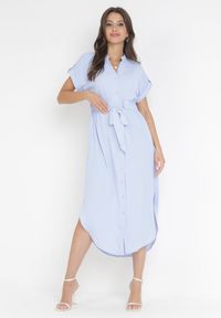 Born2be - Niebieska Koszulowa Sukienka z Wiązaniem w Pasie Maudelles. Kolor: niebieski. Typ sukienki: koszulowe #3