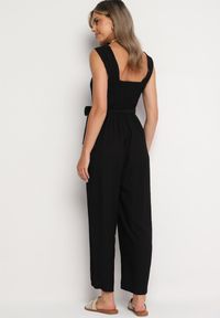 Born2be - Czarny Wiskozowy Kombinezon na Ramiączkach z Materiałowym Paskiem i Gumkami w Talii Zadia. Kolor: czarny. Materiał: wiskoza, materiał. Długość rękawa: na ramiączkach #4