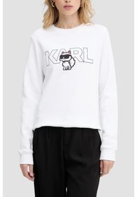 Karl Lagerfeld - KARL LAGERFELD Biała bluza damska Ikon z nadrukiem, Rozmiar XS. Typ kołnierza: dekolt w karo. Kolor: biały. Materiał: bawełna. Wzór: nadruk. Styl: klasyczny