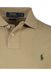 Ralph Lauren - RALPH LAUREN - Beżowa koszulka polo z haftowanym logo Slim Fit. Typ kołnierza: polo. Kolor: beżowy. Materiał: dzianina, mesh, bawełna. Długość: długie. Wzór: haft