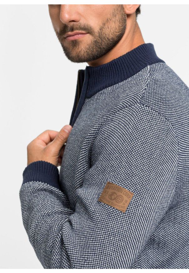 bonprix - Gruby kardigan z czystej bawełny. Typ kołnierza: kołnierzyk stójkowy. Kolor: niebieski. Materiał: bawełna. Wzór: jednolity. Styl: elegancki