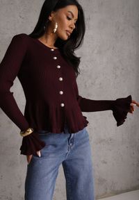 Renee - Fioletowy Wiskozowy Kardigan w Prążki z Falbankami i Guzikami z Cyrkoniami Danareia. Okazja: na co dzień, na imprezę. Typ kołnierza: kołnierz z falbankami. Kolor: fioletowy. Materiał: wiskoza. Wzór: prążki. Styl: casual #4