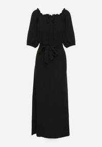 Born2be - Czarna Trapezowa Muślinowa Sukienka z Bawełny z Paskiem i Gumką w Talii Vimarinn. Okazja: na co dzień. Typ kołnierza: dekolt hiszpanka. Kolor: czarny. Materiał: bawełna. Typ sukienki: trapezowe. Styl: casual #6