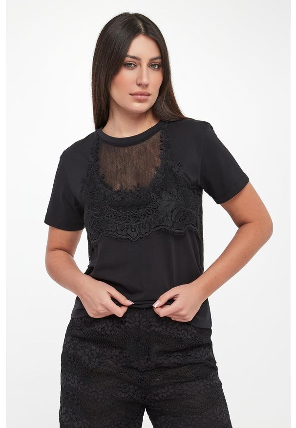 Twinset Milano - T-shirt damski z koronką TWINSET. Materiał: koronka. Wzór: koronka