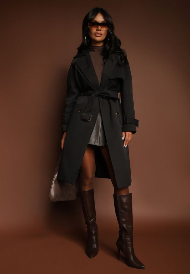 Renee - Czarny Dwurzędowy Płaszcz Trencz z Paskiem Ninnolia. Okazja: na spacer, do pracy. Kolor: czarny. Materiał: jeans. Wzór: aplikacja. Styl: elegancki, klasyczny