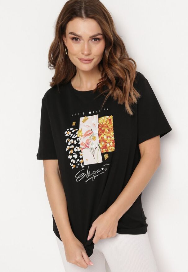Born2be - Czarny Bawełniany T-shirt z Ozdobnym Nadrukiem Jalliana. Okazja: na co dzień. Kolor: czarny. Materiał: bawełna. Wzór: nadruk. Styl: casual